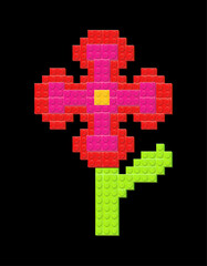Red and pink flower with green stem made with plastik constructor parts isolated on black background. Play and build concept. Vector illustration © boxerx