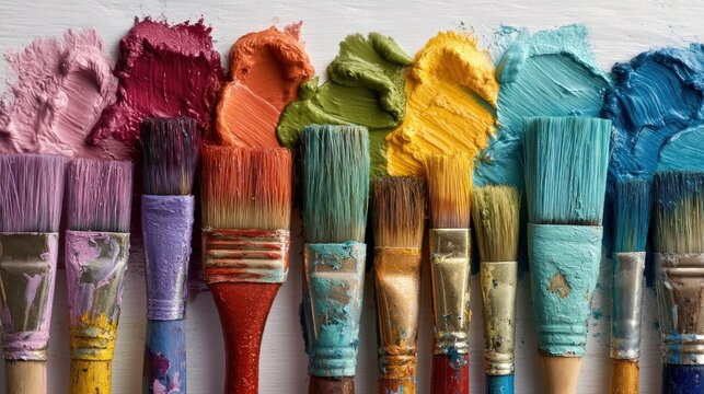 A collection of paintbrushes sits in a row, each with a vibrant swath of matching color smeared above it, displaying a diverse spectrum