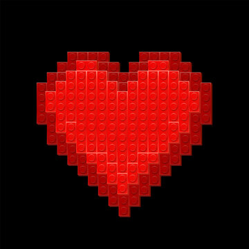 Red heart made with plastik constructor parts isolated on black background. Play and build concept. Vector illustration