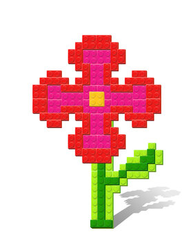 Red and pink flower with green stem made with plastik constructor parts isolated on transparent background. Play and build concept. Vector PNG