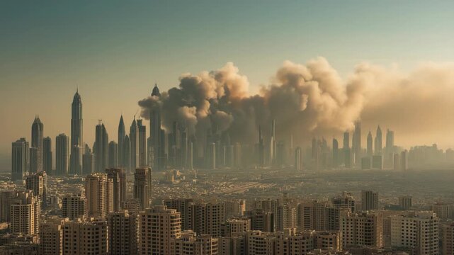 Dust cloud drifting over urban skyline after explosion, portraying warzone atmosphere, destruction, and impact of conflict with heavy haze and debris.