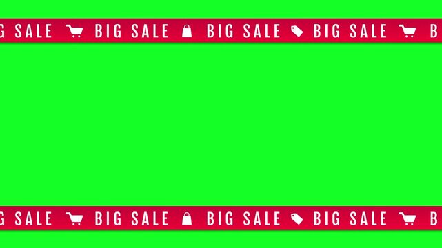 Big Sale animated ribbon ticker on green screen, dual scrolling red banners top and bottom with shopping icons, 4K 16:9, chroma key ready for video frame overlay and ads.