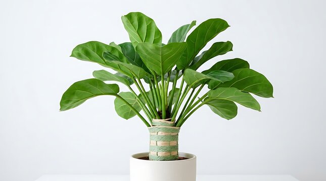 Large green leafy plant in a white pot with woven stem decoration on a plain background  houseplant with big leaves