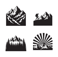 Fototapeta premium Collection of mountain landscape silhouettes with trees and hiker scenic outdoor nature graphics