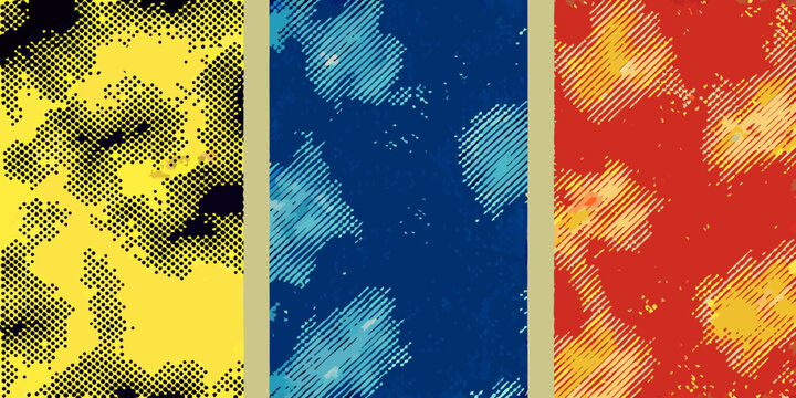 Abstract triptych featuring bold colors and halftone patterns