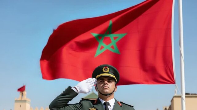 Young Moroccan Military Officer Saluting in Front of National Flag, Patriotic Soldier in Uniform
