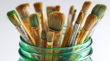 Fototapeta premium Close-up of paint brushes in a green glass jar, varying sizes and shapes. Some bristles are stained with paint, all facing upwards