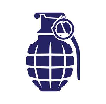 Dark blue hand grenade with pin and safety lever on white background