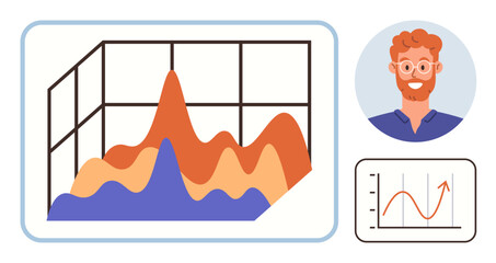 Data presentation, business analytics, corporate strategy, financial growth, technology trends, modern marketing. Colorful 3D graph, smiling profile portrait and growth chart illustration. Data © robu_s