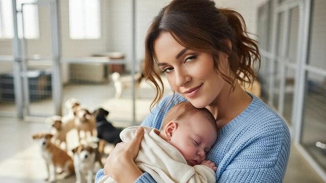 Young Mother Holding Sleeping Newborn Baby at Animal Shelter with Dogs