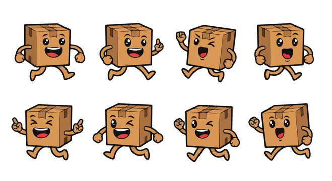 Set of 8 Happy Brown Cardboard Box Characters Running Illustration