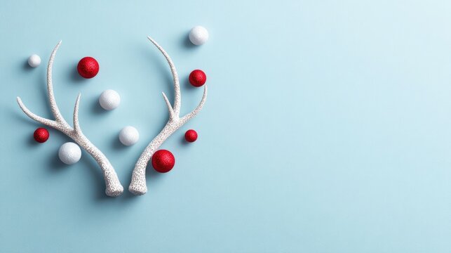 Whimsical composition with white antlers, red/white spheres scattered on a pastel blue background, evoking a festive spirit