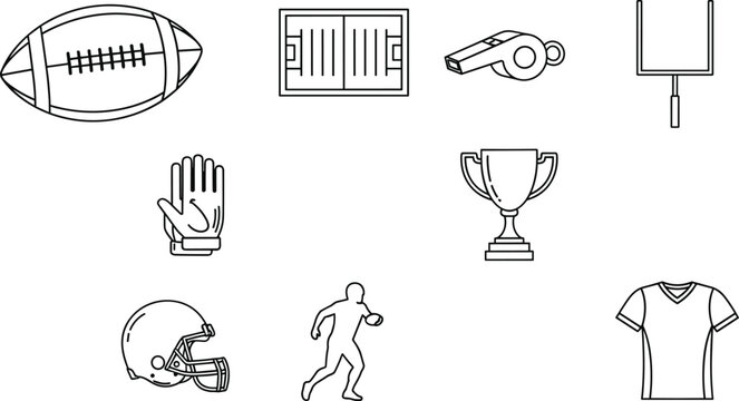 Set of American Football Icons Featuring Football, Helmet, Whistle, Field, and Trophy for Sports and Football Design Projects