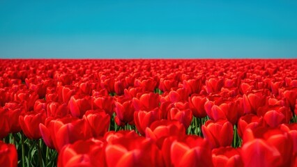 Obraz premium Endless field of red tulips under blue sky