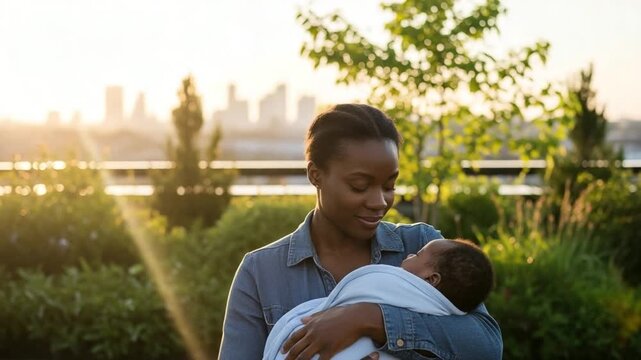 Young African American woman bonding with swaddled infant on urban rooftop garden at sunset