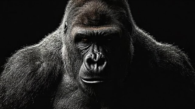 Dominant Silverback Gorilla Portrait on Black Background