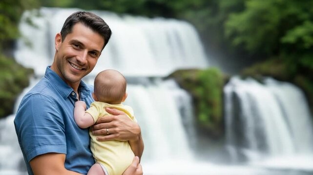 Happy young father holding infant baby boy during nature hike at waterfall on paternity leave