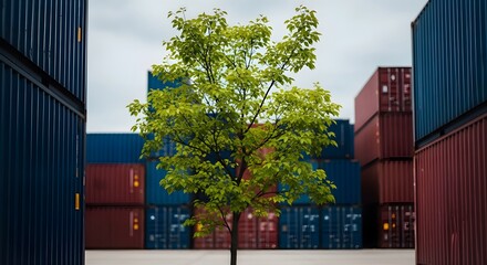 Fototapeta premium Green Tree Symbolizing Sustainability Amidst Stacked Shipping Containers in a Global Logistics Hub, Highlighting Eco-Friendly Supply Chains