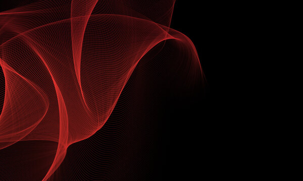 Abstract flowing red lines created with digital mesh patterns forming a soft artistic movement against black dark background