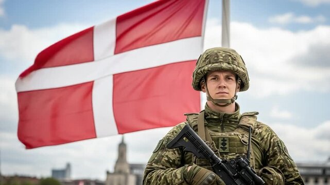 Young adult male soldier in Danish military uniform with rifle and national flag background