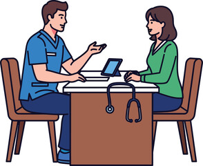 Fototapeta premium Doctor consulting with patient at desk with tablet and stethoscope.