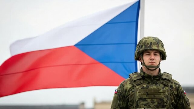 Professional male soldier in camouflage uniform standing in front of Czech Republic flag