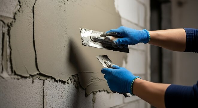 Construction worker applying plaster with a trowel to a cinder block wall