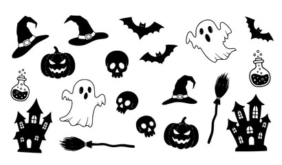 Obraz premium Halloween doodle silhouette elements spooky hand drawn style witch ghost pumpkin vector set isolated on white