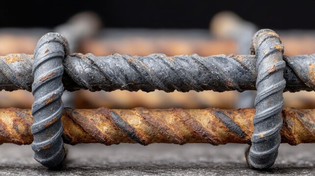 Close-up View of Rusty Rebar with Textured Surface in Industrial Construction Background for Design and Artistic Projects