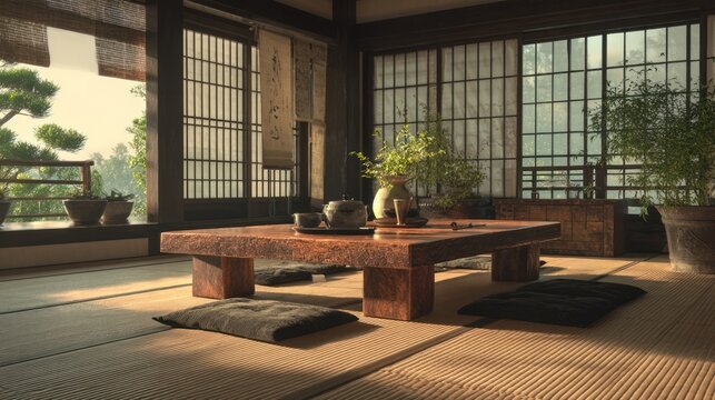 Traditional Japanese tea room with tatami mats, low wooden table, zabuton cushions, shoji screens, and bonsai plant, serene morning light, 8k