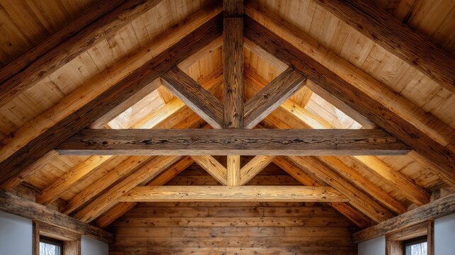 Cozy cabin interior with wooden beams, high ceilings, and natural light illuminating rustic architecture details