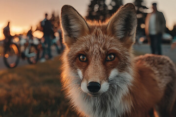 Obraz premium A curious red fox standing in grass with bicycles and people in the background.