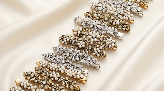 Collection of ornate vintage floral hair clips adorned with pearls and sparkling crystals