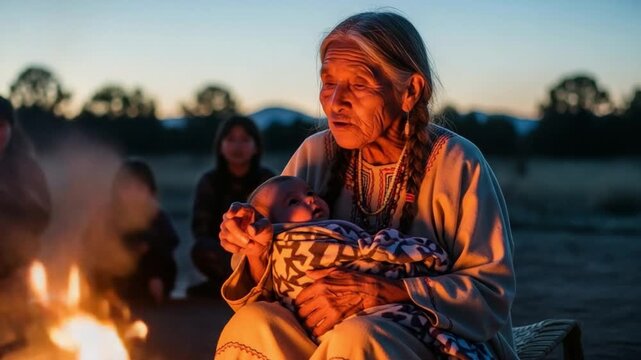 Senior Native American grandmother holding infant by fire, intergenerational storytelling at night