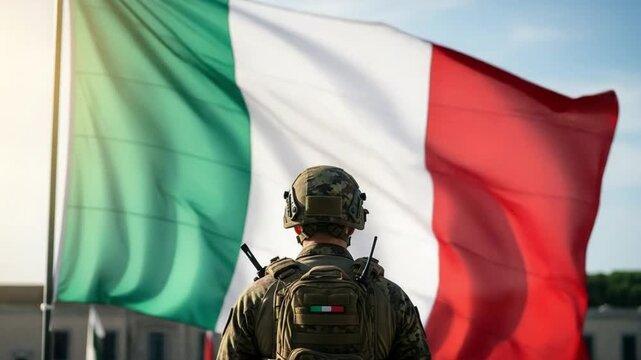 Italian Special Forces Soldier in Tactical Gear Facing National Flag Outdoors