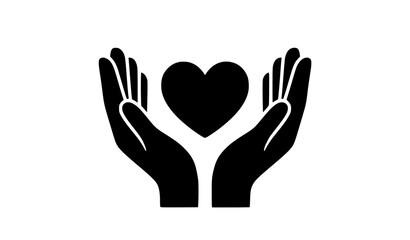 Fototapeta premium Two hands holding heart black silhouette vector illustration on white background