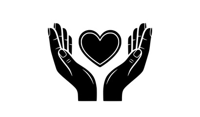 Obraz premium Stylized two hands holding heart black silhouette vector with white outlines flat design