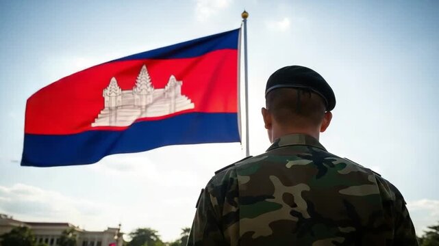Cambodian Soldier in Camouflage Uniform Standing Before National Flag Outdoors
