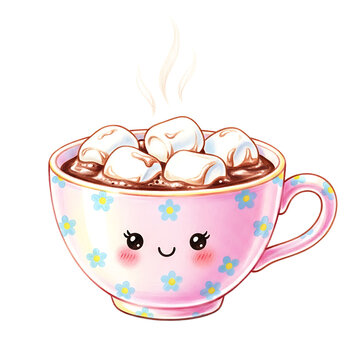 Cute illustration of a pink cup of hot chocolate with marshmallows and a smiling face.