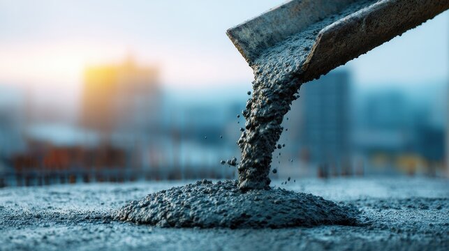 Fresh Concrete Pouring from a Chute at a Construction Site, Urban Background, Early Morning Light, Construction Process
