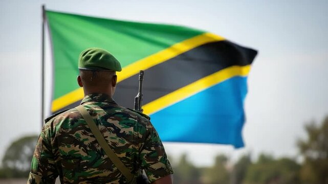 Male Tanzanian soldier in camouflage uniform and green beret facing the national flag