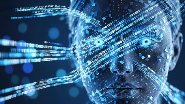 A captivating digital portrait showcases a serene female face overlaid with a complex network of binary code, suggesting a fusion of humanity and technology.
