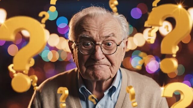 Confused senior man wearing glasses looking at floating 3d question marks in this expressive character animation motion graphic video footage
