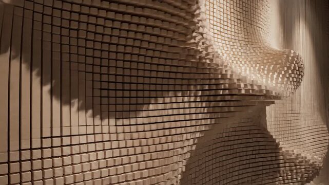 Kinetic wave animation featuring rhythmic motion of wooden cubes, forming dynamic geometric structures and fluid textures for high-end design