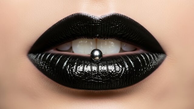 Glossy black lips with silver lip piercing
