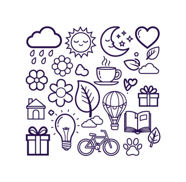 Collection of various line icons and symbols for design and decoration purposes  everyday life and nature