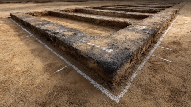 Ancient Archaeological Excavation Site Showing Large Stone Structure on Dry Earth with Guide Lines Surrounding