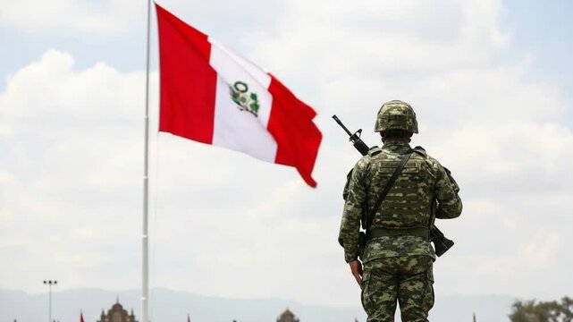 Peruvian Soldier in Camouflage Uniform Guarding National Flag Outdoors