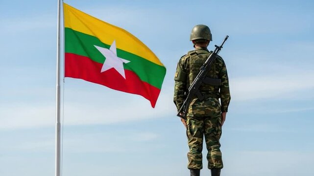 Myanmar Soldier in Camouflage Uniform Standing Guard by National Flag