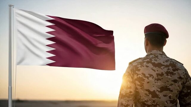 Middle Eastern soldier in camouflage and maroon beret honoring a maroon and white flag at sunset